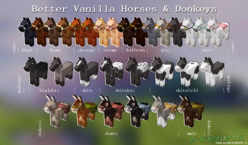 Better Vanilla Horses & Donkeys - улучшенный вид лошадей и ослов [1.20.1] [16x]